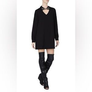 BCBGMaxAzria Black Long-Sleeve Mini Shift Crepe Dress Irena Jeweled Collar